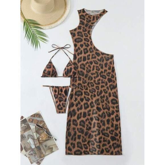 New SXY 2 Pcs 2025 Women Leopard Print Halter Tie Sexy Bikini Set With Cover-Up - Picture 3 of 7